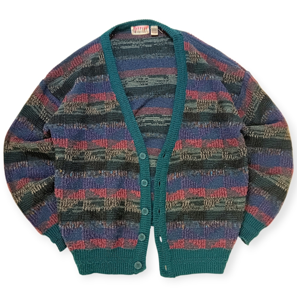 City Streets Men's Teal-Trim Multi-Color Striped Cardigan - L